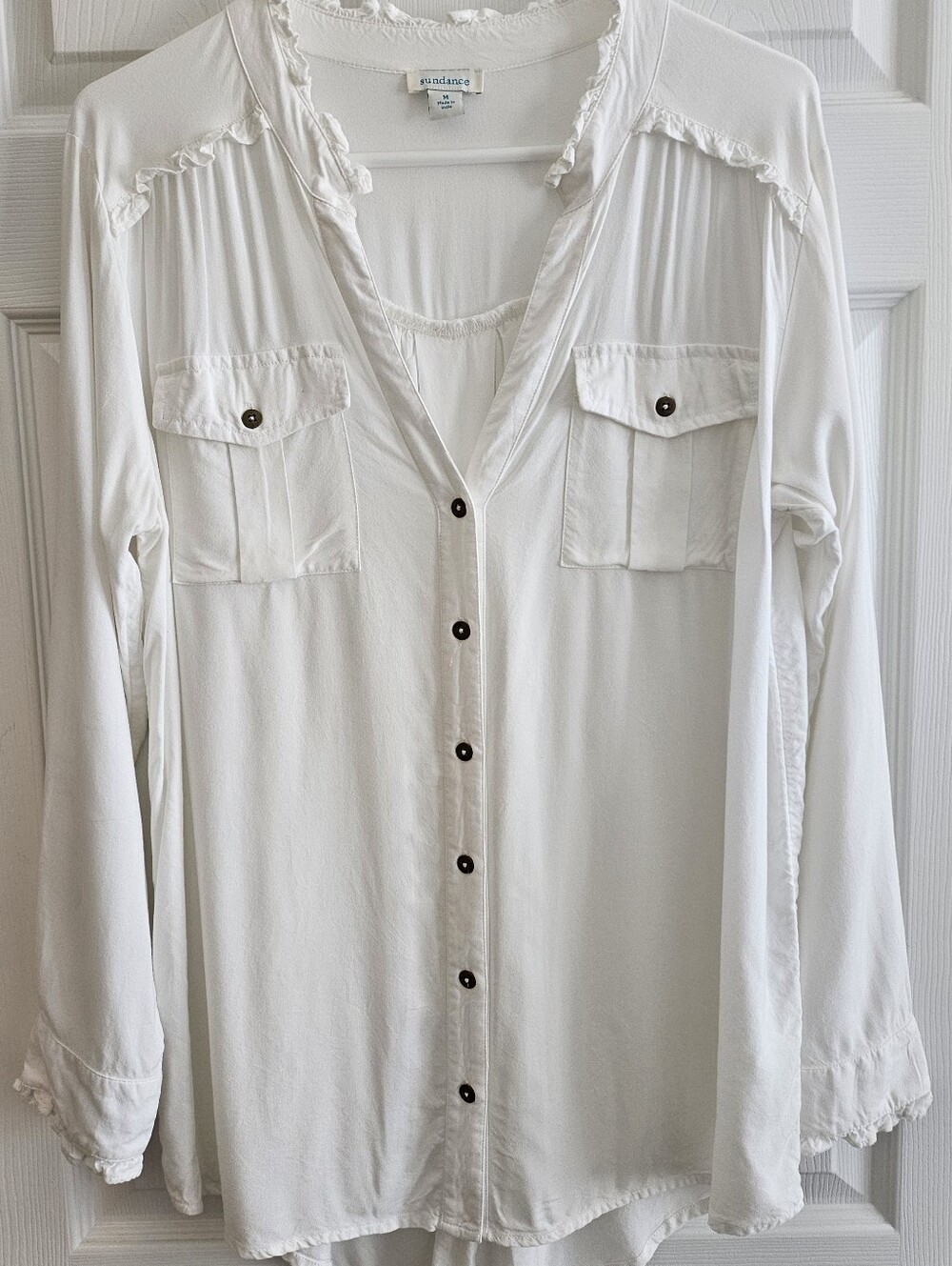Sundance Medium Blouse Ivory Long Sleeve Ruffles Pockets Pleats High Low Hem